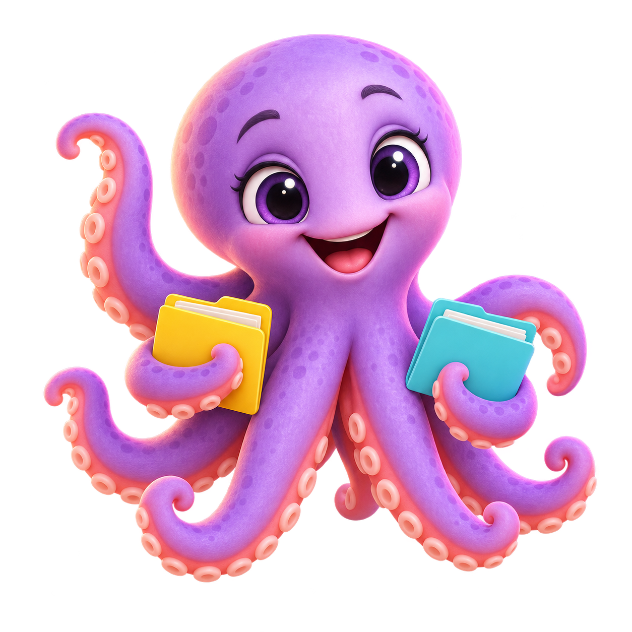 Sortie, a friendly purple octopus holding colorful folders