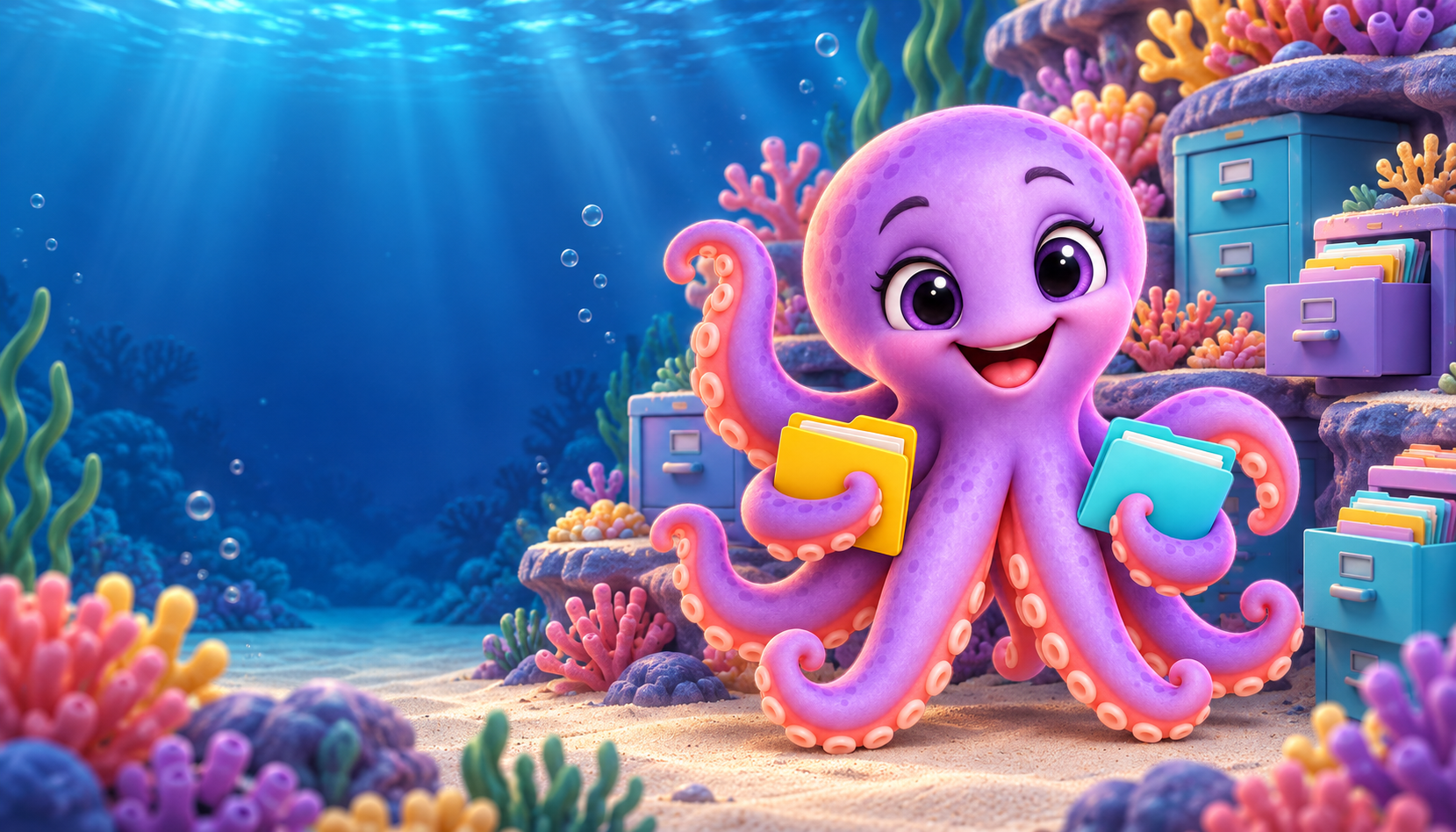Sortie, the smiling lavender octopus, holding yellow and turquoise folders in an underwater reef filled with cute filing cabinets and colorful coral